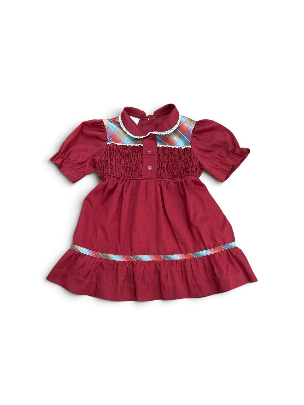 Vintage 80s 90s Smocked Crimson Red Dress Girls Size 5 Sears